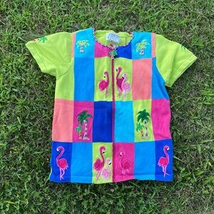 VTG Quaker Factory Embroidered Flamingo Coastal Grandma Knit Sweater small